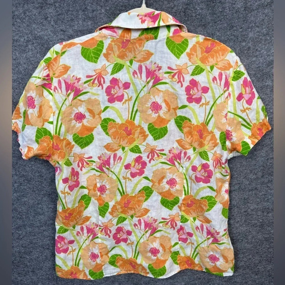 Lands End Tropical Linen Shirt Womens‎ Size 12 Floral Short Sleeve Button Up - Picture 3 of 10